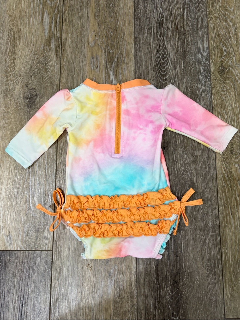 Ruffle Butts Pink & Orange Tie-Dye Baby Long Sleeve One-Piece Swim Suit - Picture 4 of 7